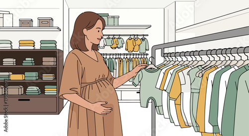 A pregnant woman in a brown dress chooses baby clothes on a rack in a boutique