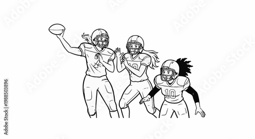 Line art shows three individuals in football uniforms, one throwing a ball
