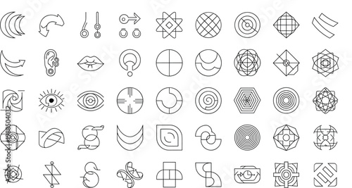 Abstract Geometric Line Icons Collection with Minimal Shapes Circular Patterns and Modern Symbols Vector Illustration Set