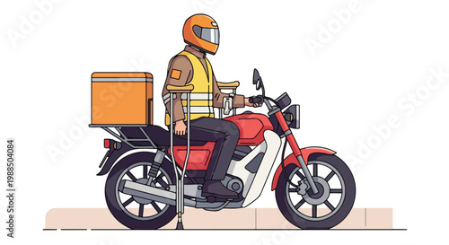 Delivery driver with crutches riding a red motorcycle with a cargo box attached