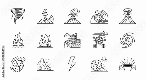 Icons depicting natural disasters like tornados, volcanoes, floods, and fires