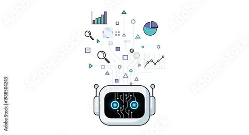 Robot with data analytics icons floating above its head.