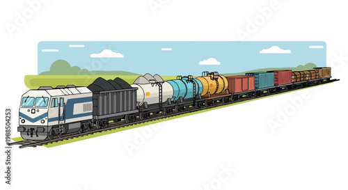 A long freight train carrying various containers and tankers on rural railroad