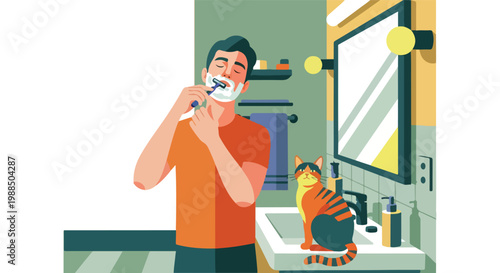 A man shaves his beard in a bathroom mirror with his pet cat sitting nearby