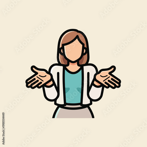 A cartoon illustration of a woman with her arms out in a questioning gesture