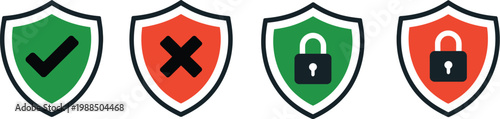 Security Shield Icon Set Vector Illustration, Padlock, Check Mark, Access Approval and Denial Symbols for Online Security, Data Protection, and Cyber Safety Design