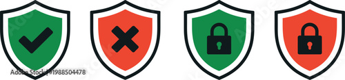 Security Shield Icon Set Vector Illustration, Padlock, Check Mark, Access Approval and Denial Symbols for Online Security, Data Protection, and Cyber Safety Design