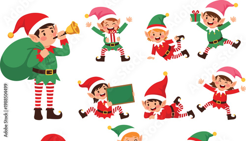 Cute Christmas Elves Collection with Santa Helpers Cartoon Characters in Festive Costumes Holiday Activities Vector Illustration Set
