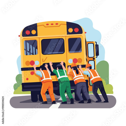 Four people wearing safety vests pushing a broken yellow school bus on the road