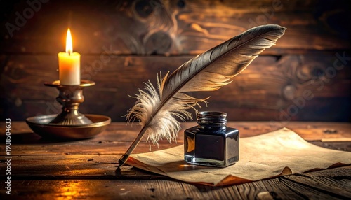A vintage feather quill poised over an inkwell and aged paper on a wooden desk with candlelight
