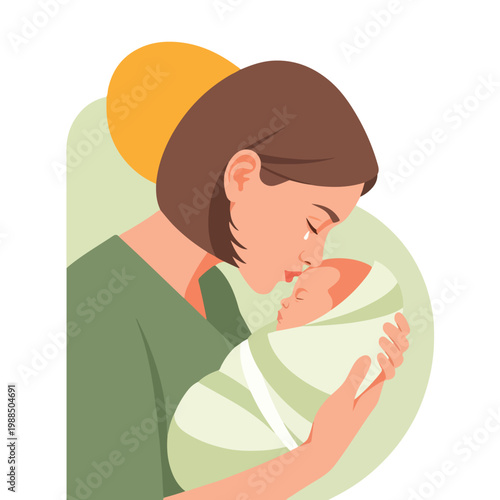 A tearful mother gently kissing the forehead of her swaddled newborn baby girl