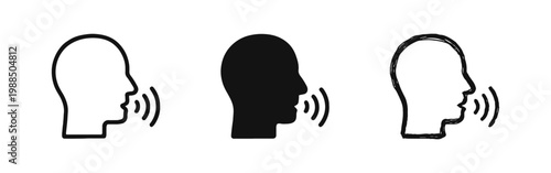 Human head profile and speaking voice wave icon set