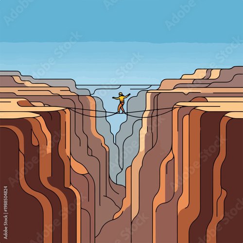 A person in a yellow jacket tightrope walks between two steep, rocky canyon walls