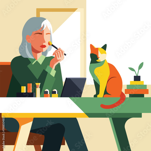 A woman with grey hair applies makeup at a desk beside her multicolored cat