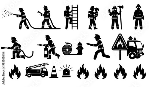 Black Firefighter Rescue Silhouette Clipart Set Emergency Response Safety Equipment Vector Pack
