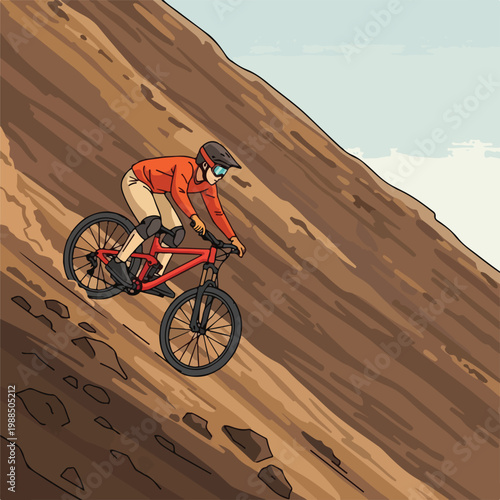 A cyclist rides a red mountain bike down a steep, rocky, sunlit desert slope