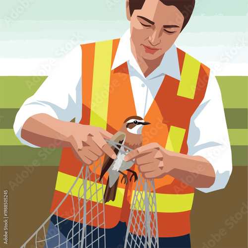 A person in a high-visibility vest carefully untangles a bird from a fine net