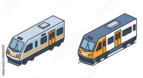 Modern Isometric Commuter Train and Electric Passenger Rail Vector Illustration Set