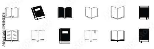 Black book icons set. Education symbol collection. Opened book, library, education, novel, paper, scripture. Simple linear and flat style - stock vector.
