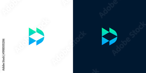 Modern abstract letter D logo design with gradient blue and green colors on white and dark backgrounds