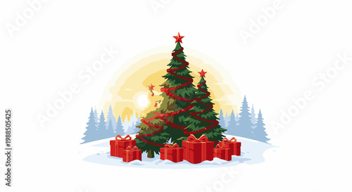 Decorated evergreen trees with gifts in a snowy winter landscape at sunset