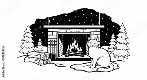Cozy winter scene with a cat by a fireplace and snowy trees