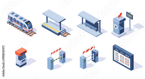 Isometric Commuter Rail Station and Public Transport Infrastructure Icon Set