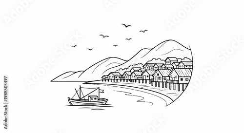 Line art of a village on stilts with a boat and birds under mountains