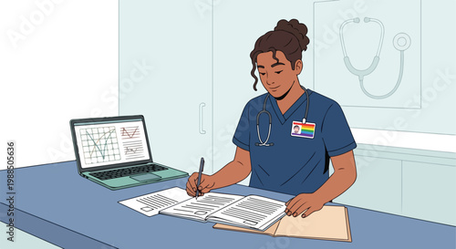 A healthcare worker sits at a desk, reviewing medical notes and using a laptop