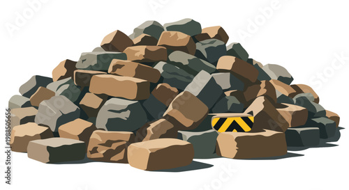 A large, chaotic pile of brown and grey stacked stone blocks on white background