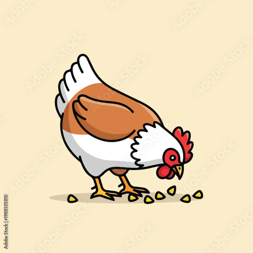 A brown and white cartoon chicken pecking at scattered yellow grains on ground