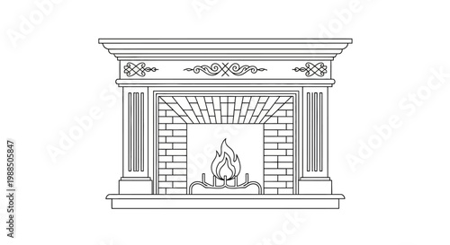 A decorative fireplace with columns and mantel.