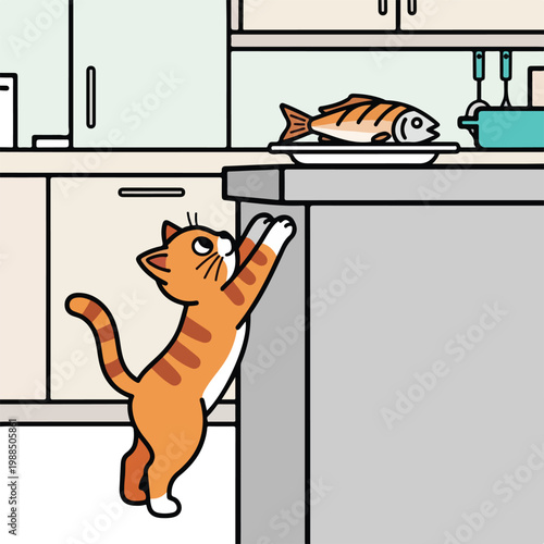 A curious orange tabby cat reaches up to a kitchen counter to grab a fish meal