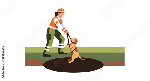 A construction worker walks a small puppy on a leash in a flat vector style