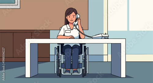 A smiling woman in a wheelchair sits at a desk while talking on a landline phone