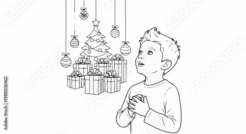 Excited boy looking at Christmas tree, ornaments, and wrapped presents