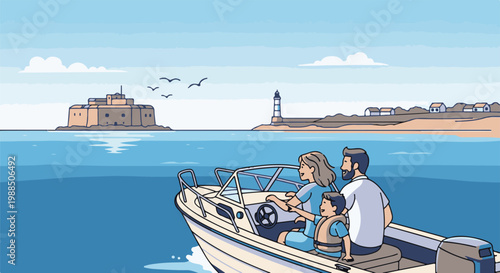 Family enjoys boat ride near coastal fort and lighthouse