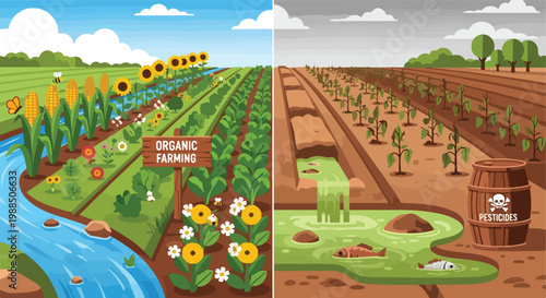 A split illustration comparing healthy organic farming with polluted toxic fields