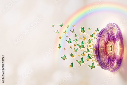 Jelly bank vault door releasing gold coin-butterflies on far right, clean empty cream canvas on left for presentation slide and text overlay.