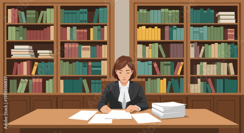 A female lawyer in a robe sits at a desk with paperwork in a large library
