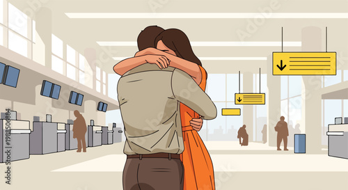 A couple embraces warmly inside a busy airport terminal near check-in counters
