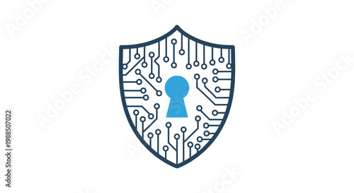 Digital security shield with keyhole icon.
