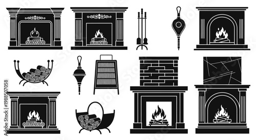 Collection of fireplaces and hearths with fire.