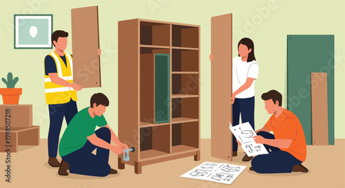 Four people working together to assemble a wooden shelf unit in a home interior