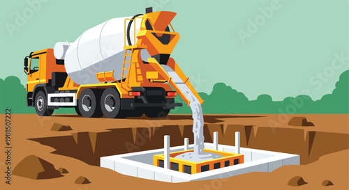 A yellow concrete mixer truck pours liquid cement into a foundation trench base
