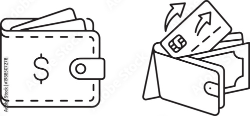 Art & Illustration, Leather wallet with credit cards outline icon for digital payment.