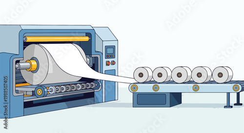An industrial printing machine feeding a continuous roll onto a conveyor belt