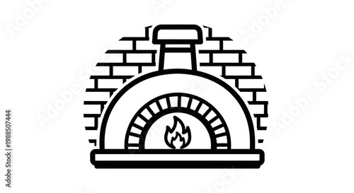 A black and white illustration of a brick pizza oven.