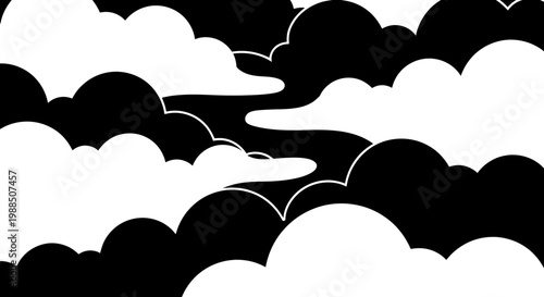 Black and white clouds in sky.