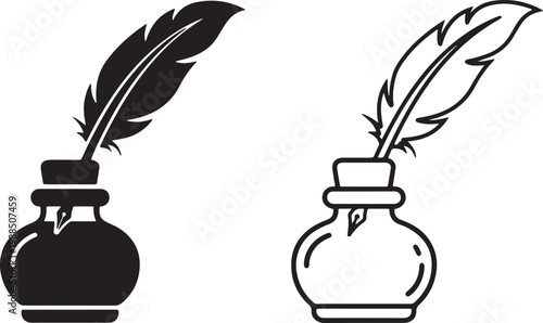 ink bottle and quill icon set silhouette and outline writing symbol vector illustration